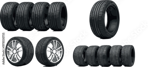 Car tires set with different tread patterns and alloy wheels realistic vector illustration automotive equipment isolated on background