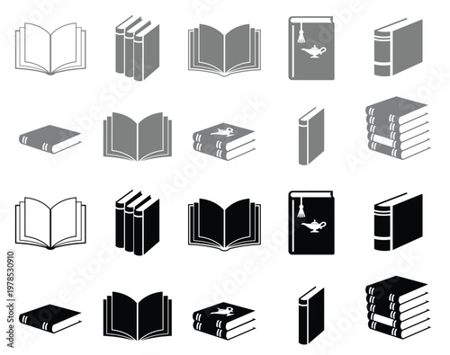 Vector Set of Book Icons and Silhouettes Featuring Open Pages Stacks and Magic Covers for Education Library and Literacy Design
