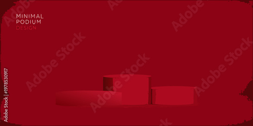 Minimal red podium display with three cylindrical platforms for product showcase