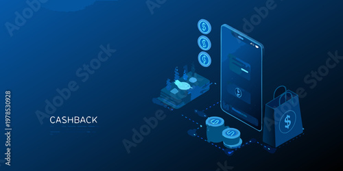 Isometric illustration depicting mobile payment cashback rewards and online shopping