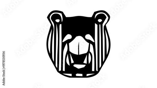 Minimalist bear head logo with vertical lines, abstract geometric grizzly icon, vector symmetric animal symbol isolated on white