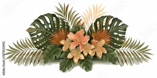 Tropical floral arrangement with monstera leaves and orange accents