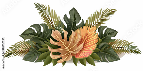 A vibrant arrangement of tropical leaves and foliage in various tones