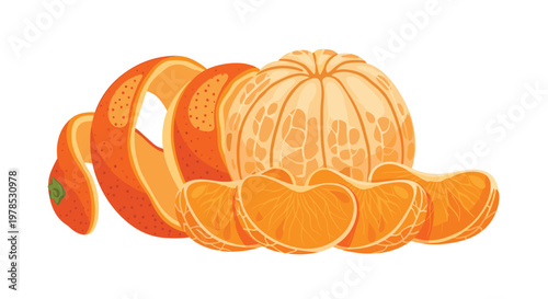 The freshly peeled mandarin orange sits with separated juicy segments and a long coiled rind strip against a vibrant clean white studio background.