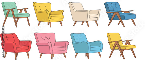 Colorful armchairs collection with modern and retro designs comfortable furniture flat vector illustration interior decor seating isolated background