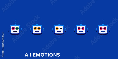 Five robotic faces display a range of digital emotions on a blue background