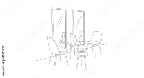 A minimalist line drawing depicts two mirrors a chair a small table and books