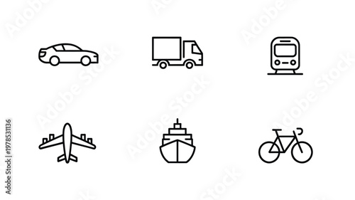 Simple line art depicting various modes of transportation car truck train plane ship and bicycle