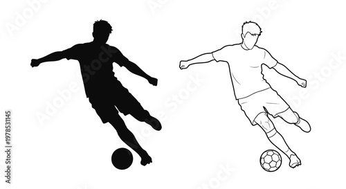 Two depictions of a soccer player running with a ball