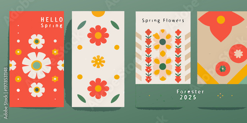 Four spring themed rectangular panels with floral patterns and text