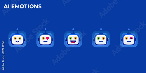 Ai emotions displayed by a row of five robotic faces on blue