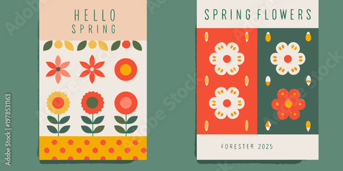 Colorful spring floral banners with text and geometric shapes