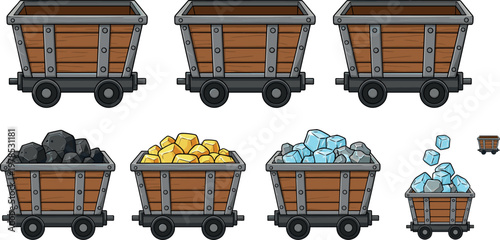 Mining carts with coal, gold and ice resources set isolated on white background, industrial mine wagon vector illustration collection