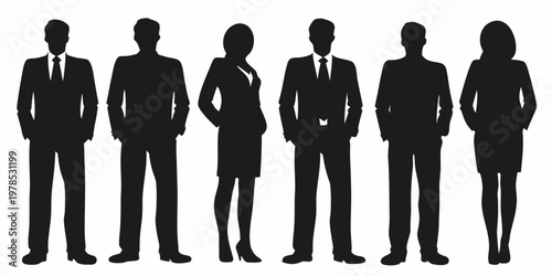A row of six silhouetted business professionals standing in a line