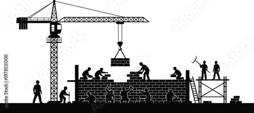 construction workers building wall, tower crane lifting materials, teamwork at site, engineering project, industrial labor, masonry work, scaffolding scene, black silhouette illustration