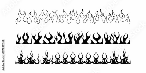 Black and white illustration of stylized flame shapes in multiple rows