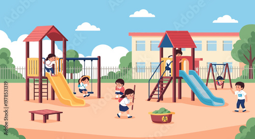 Kids play on slides and swings in a bright school playground during the day with a blue sky and clouds in the background