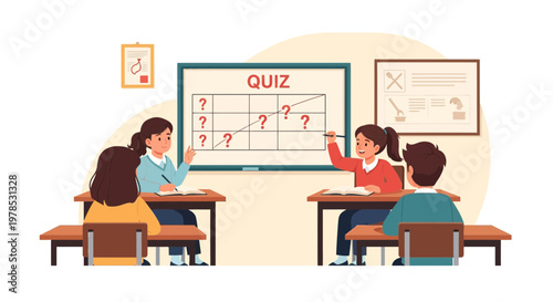 Students participate in a quiz activity in a classroom setting during the day with a teacher explaining on the board
