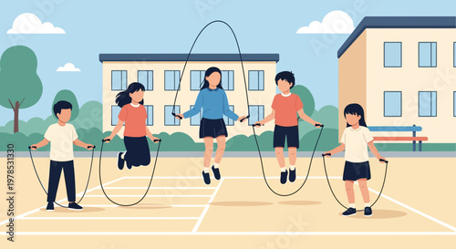 Kids jump rope during outdoor playtime at school in a sunny day in a neighborhood setting