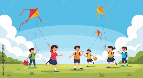 Children fly kites in a green field on a sunny day with blue sky and clouds