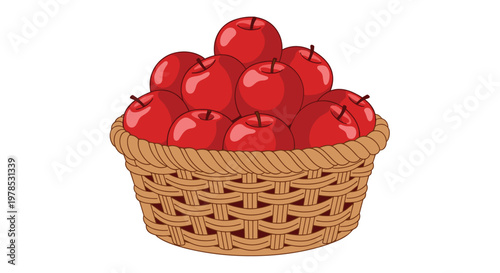 A woven wicker basket overflowing with bright red apples showcases a rustic, textured appearance and a warm, inviting color palette against white space.