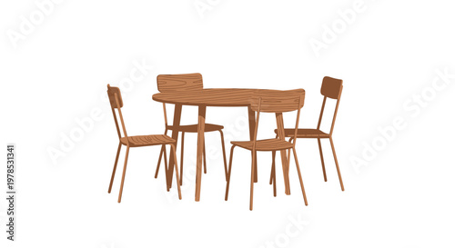 A minimalist dining set consisting of a round wooden table and four matching chairs is rendered with clean lines and a warm wood texture on white space.