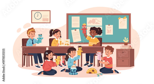 Children engage in creative activities in classroom while working with crafts and making puppets during afternoon session