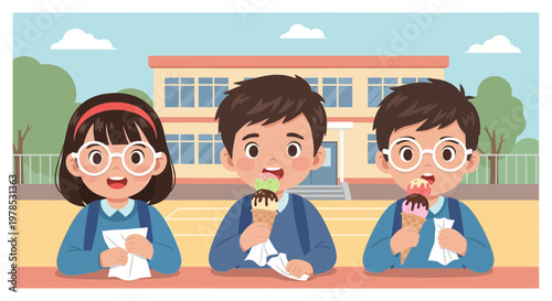 Kids enjoying ice cream at school during a sunny day with colorful backgrounds and happy expressions