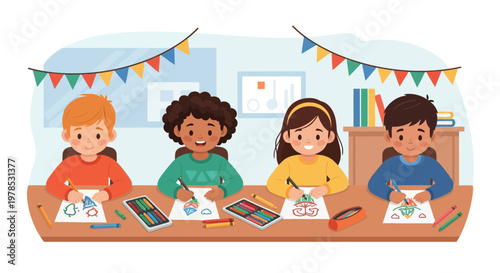 Kids drawing and coloring together in a classroom during a creative activity in the late morning hours