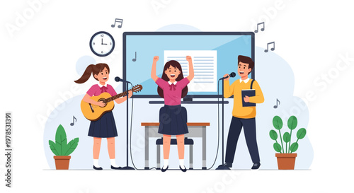 Students perform music online during a virtual talent show at a school in the afternoon with a teacher recording