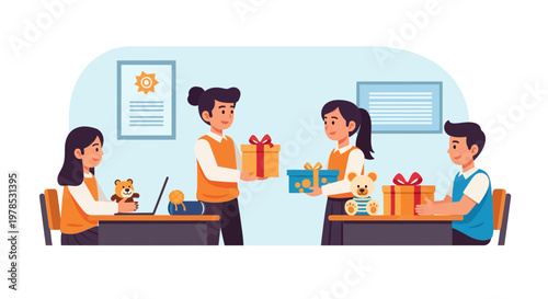 Students exchange gifts during classroom activity in a school setting