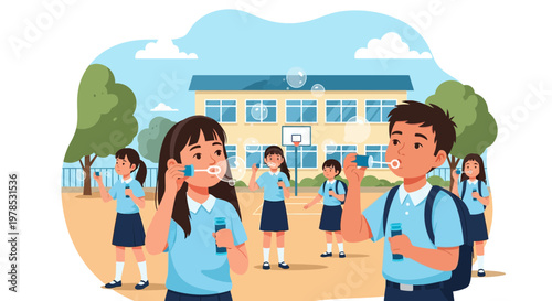 Children blow bubbles in schoolyard during recess while others play nearby on a sunny day