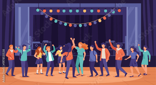 People enjoy dancing at a music event in a venue with bright lights and a lively atmosphere during the evening