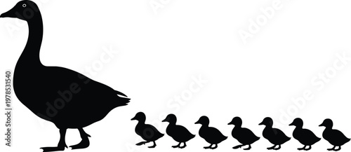 Silhouette of a Mother Goose Leading Seven Small Ducklings in a Single File Line Across a Clean White Minimalist Background