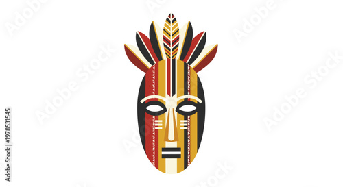 An ornate tribal mask crowned with a vibrant feathered headdress displays intricate geometric patterns in warm earth tones against a stark white backdrop.