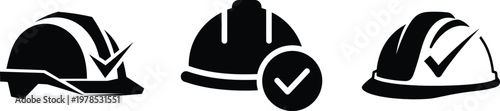 Construction safety helmet icons set with check mark protection approval concept vector design.