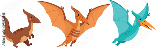 Cartoon Pterodactyl and Flying Dinosaur Characters in Various Poses, Ideal for Prehistoric and Dinosaur Illustrations