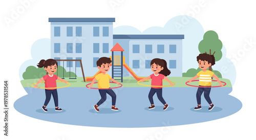 Children play with hula hoops in a school playground during a sunny day in the afternoon