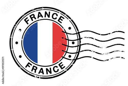 A circular postal stamp depicting the flag of france with trailing lines