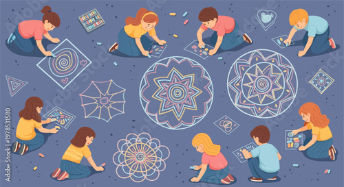 Children working on art projects with colorful designs and shapes on a blue background in a classroom setting during daytime hours