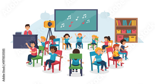 Children participate in a music class with a teacher in a bright classroom setting in the morning