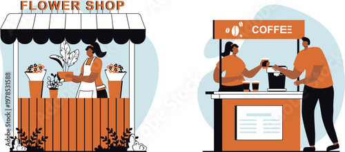 A cozy flower shop and a bustling coffee stand side by side