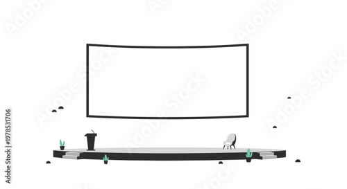 A minimalist stage setup features a large blank projection screen with a central podium and a single chair on a platform against a white background.