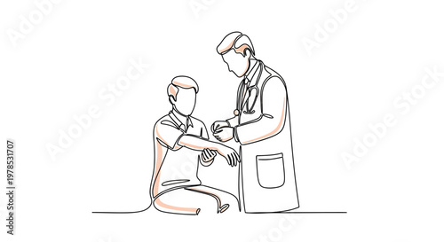 Continuous line drawing of a professional doctor examining a patient's arm in a medical clinic. Minimalist healthcare concept with a physician and patient vector illustration.
