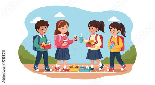 Four children enjoy snacks and drinks while standing together on a playground during a sunny day in school