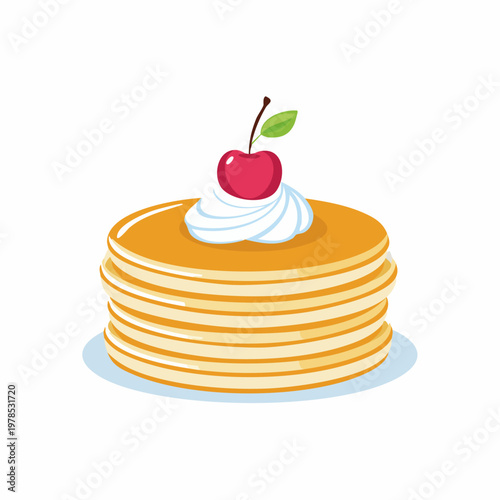 A stack of delicious golden pancakes topped with whipped cream and a red cherry, isolated on white background.