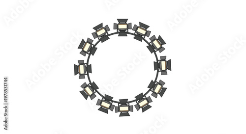 A symmetrical circular arrangement of professional studio spotlights with attached barn doors creates a balanced ring formation against white space.