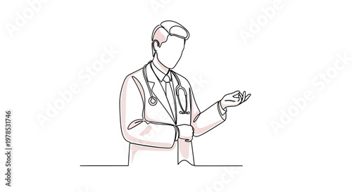 Continuous line drawing of a male doctor wearing a lab coat and stethoscope while gesturing, minimalist medical professional vector illustration