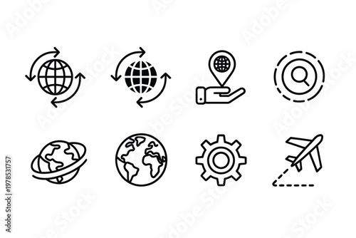Various global connection and travel icons shown in a simple black and white line art style