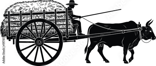 Traditional farmer with ox cart illustration, rural agriculture hay wagon silhouette, vintage bullock carriage vector, rustic countryside livestock transport graphic, cattle.